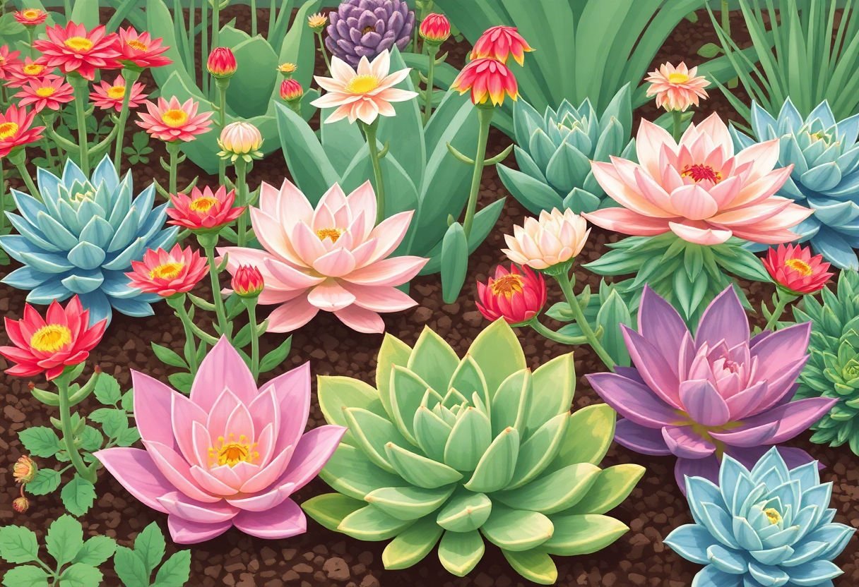A variety of blooming succulents in a garden setting