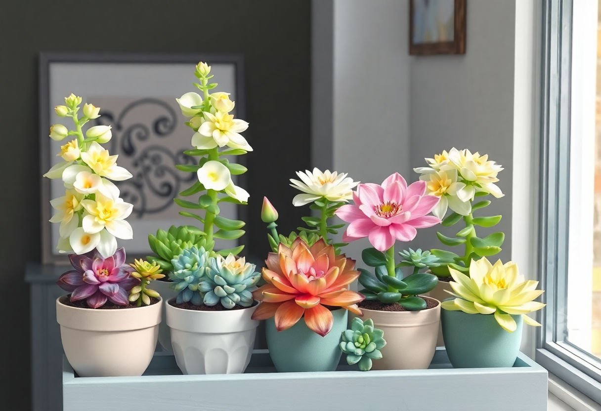 Beautifully displayed flowering succulents in a home setting