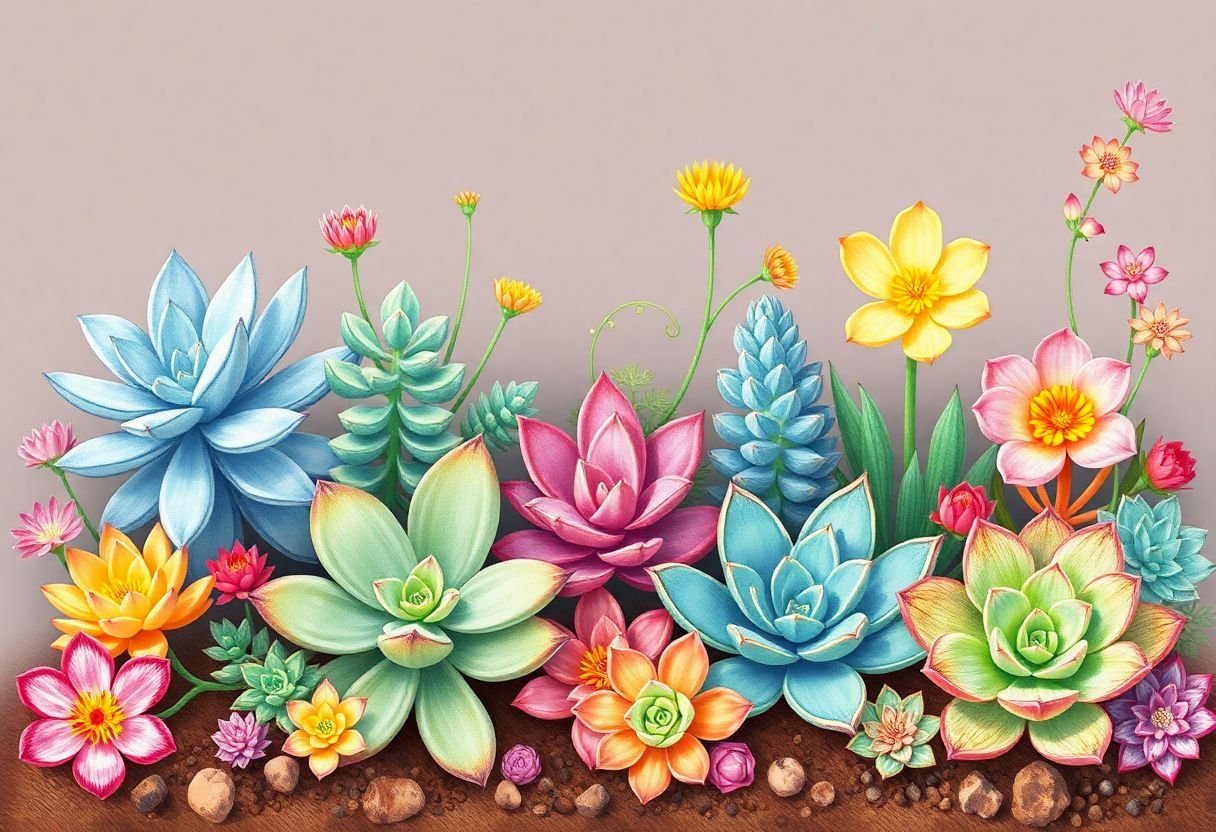 A variety of colorful flowering succulents