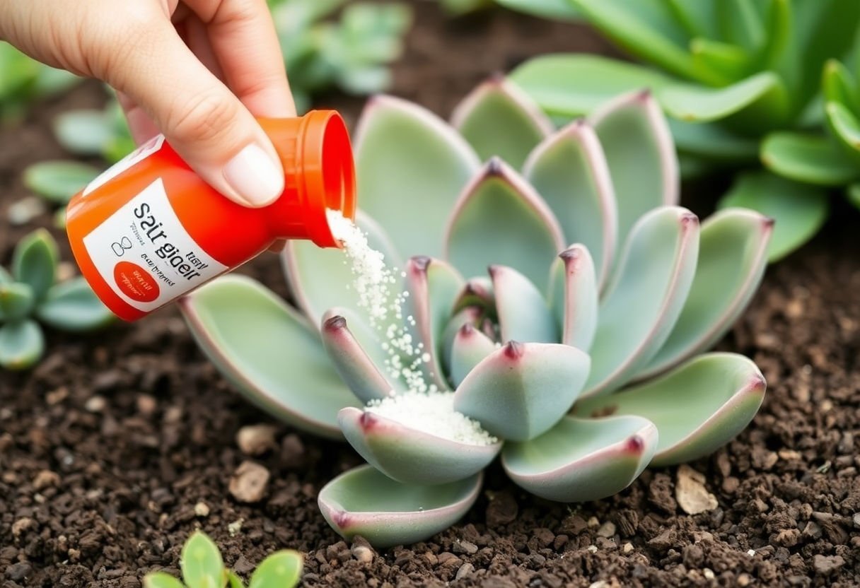 Fertilizer being applied to a succulent plant.