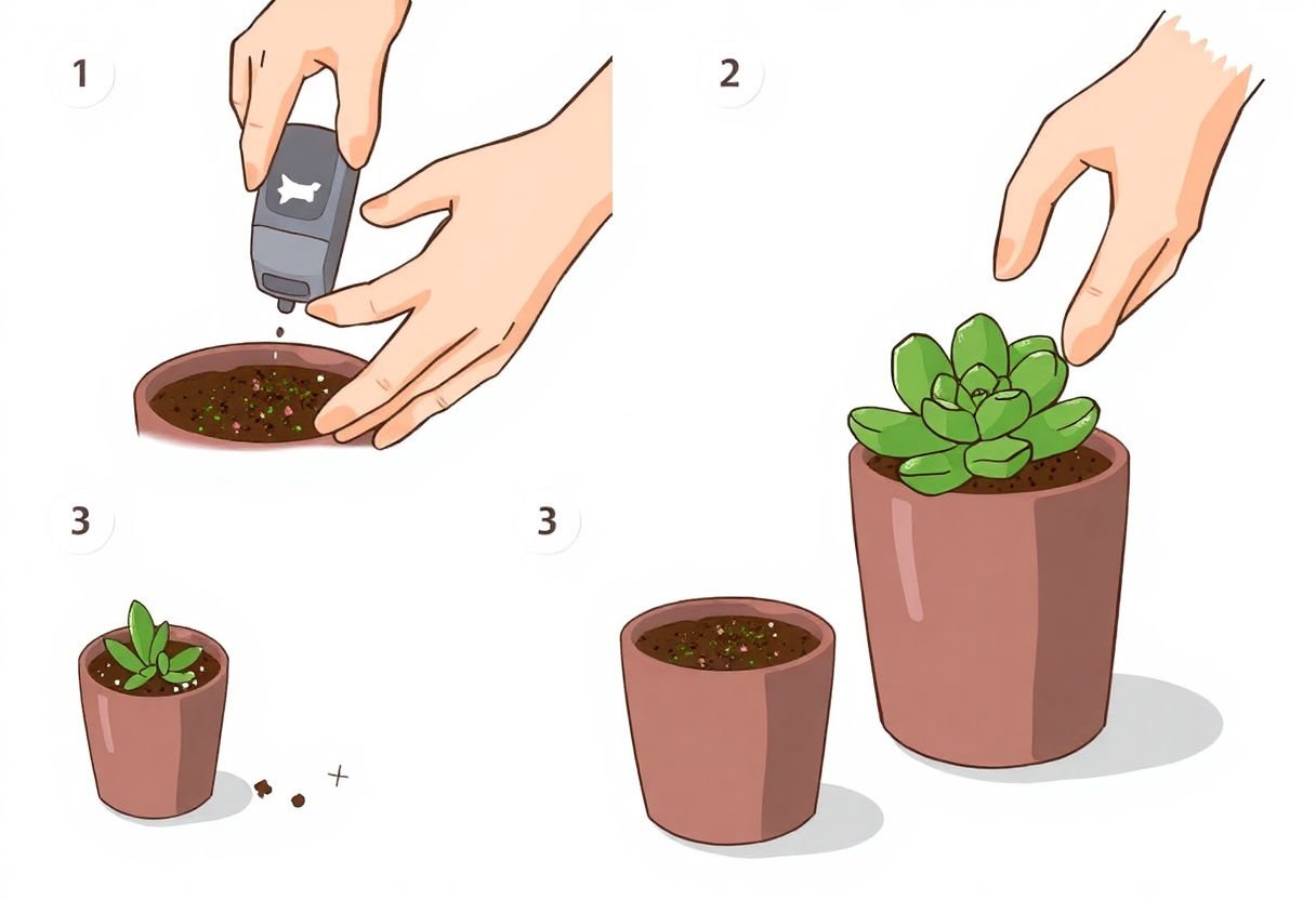 Steps involved in repotting a succulent.