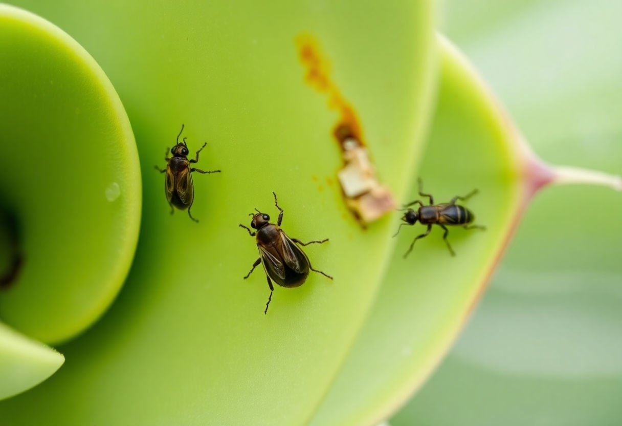 Signs of pest damage on a succulent leaf.