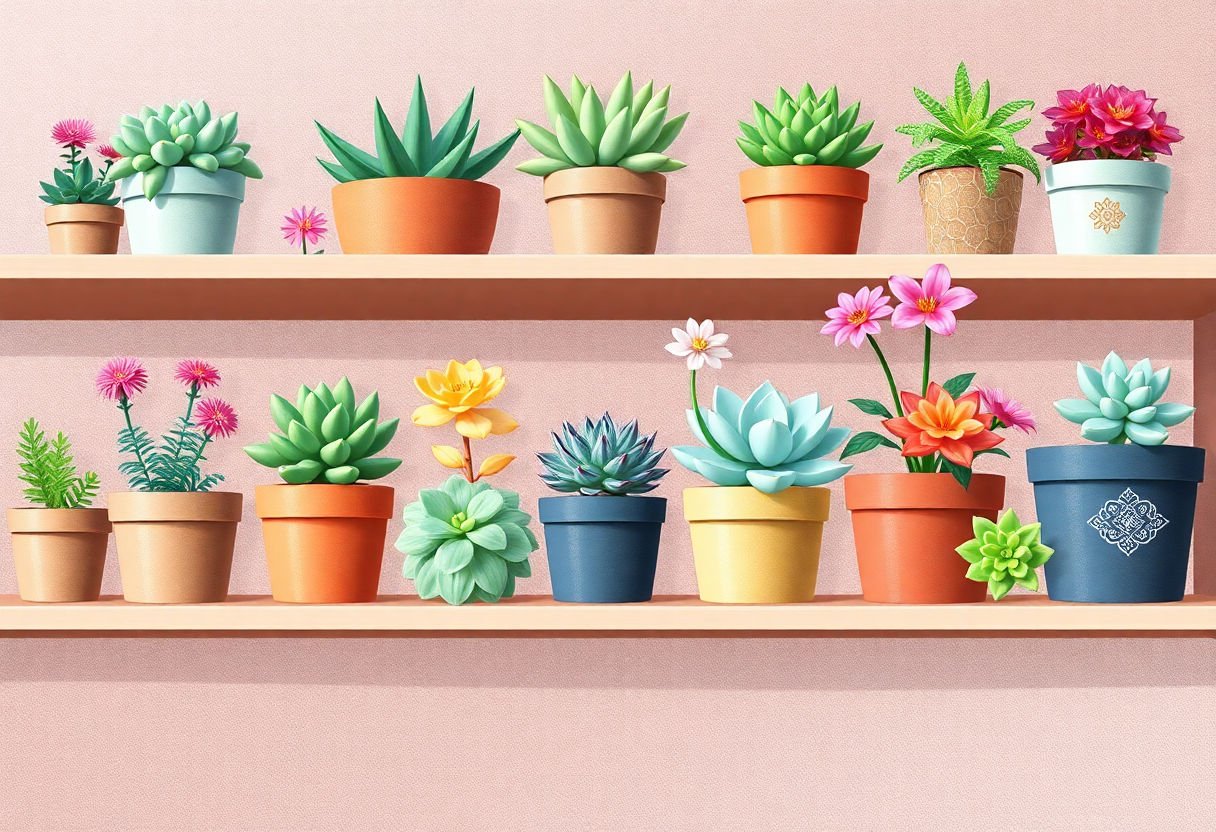 Flowering succulents displayed on home shelves