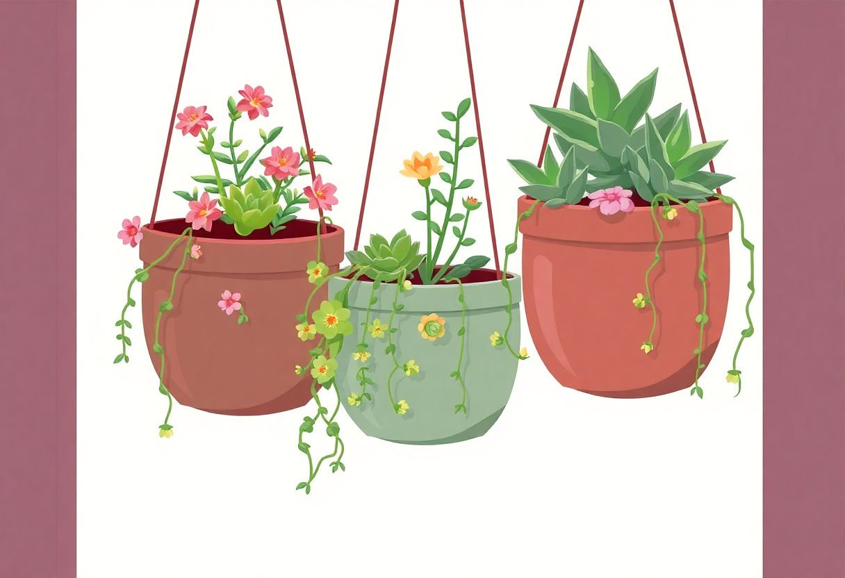 Hanging pots with flowering succulents