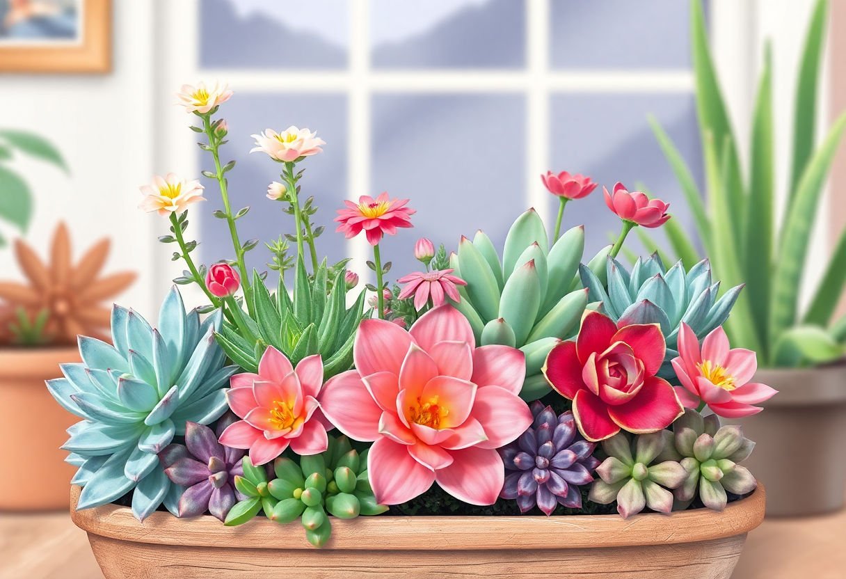Beautiful arrangement of flowering succulents in a home setting