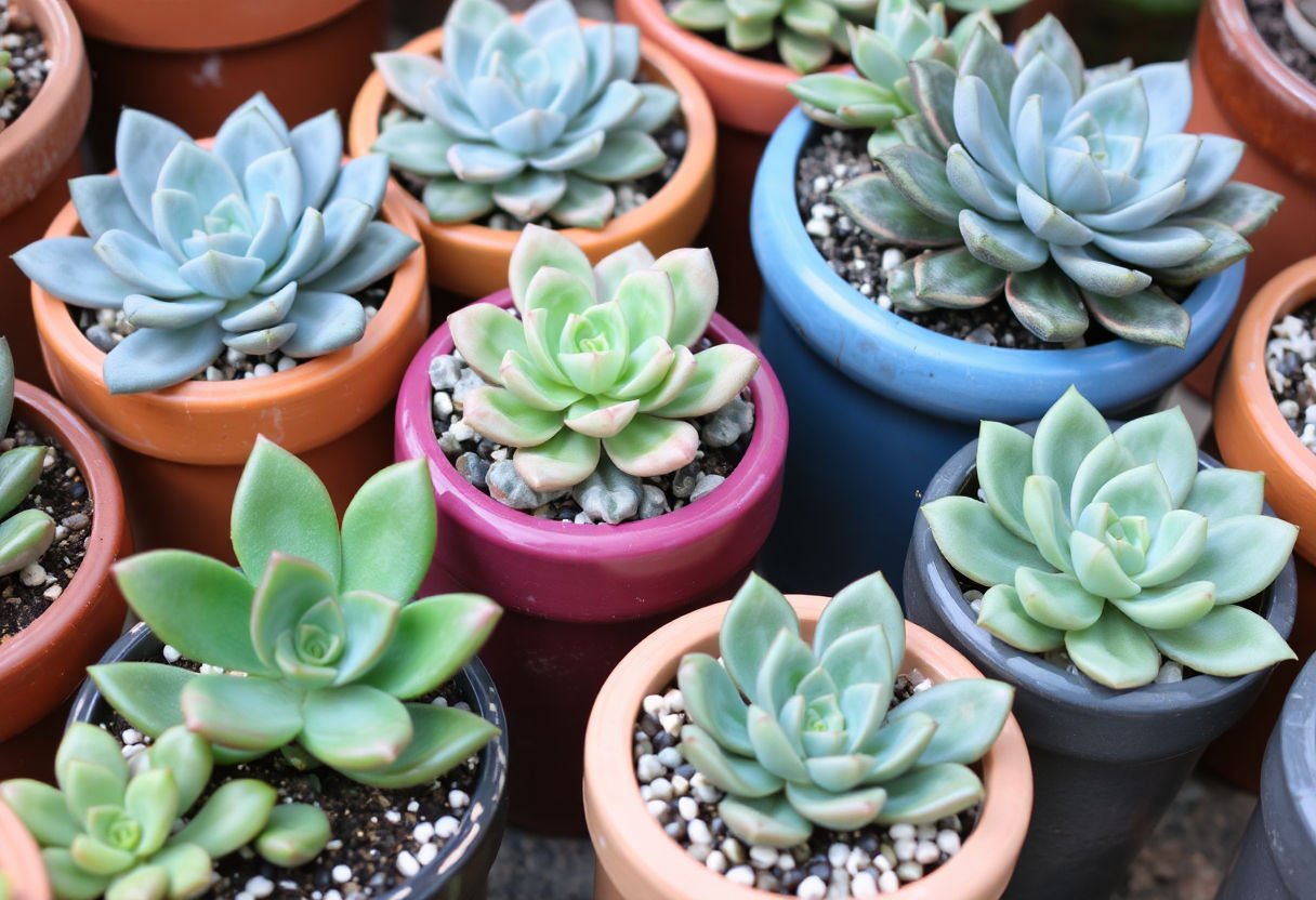 Various succulents in decorative pots