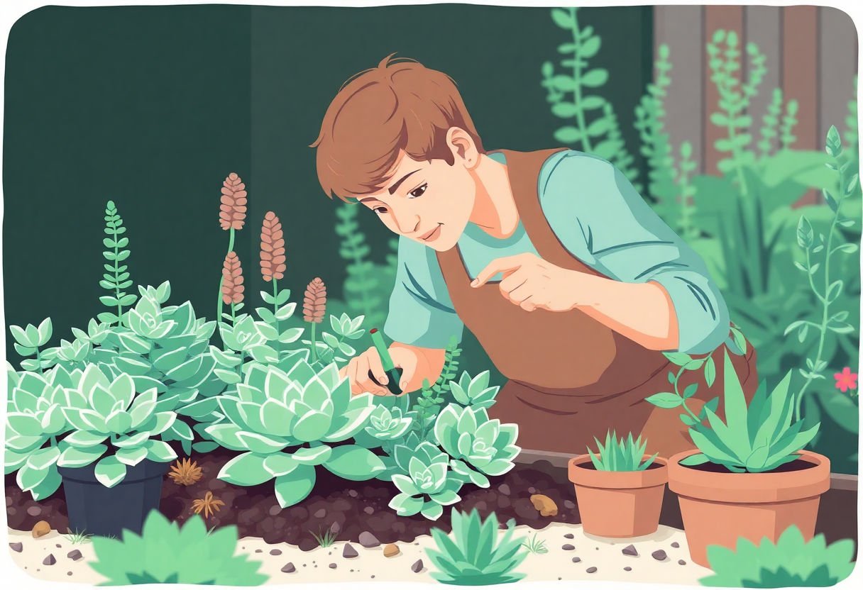 Gardener making adjustments for succulent care