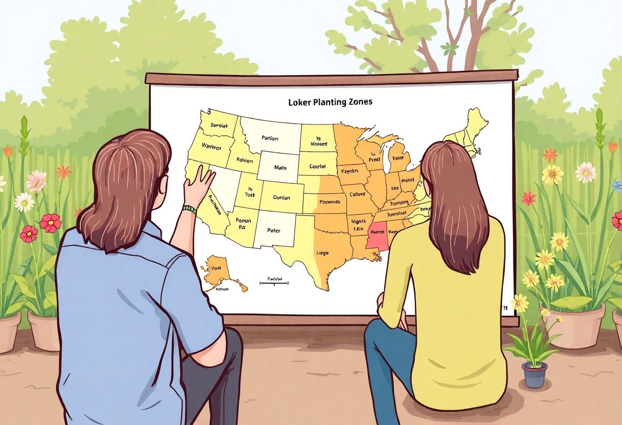 Individuals using a zone map to identify local planting zones