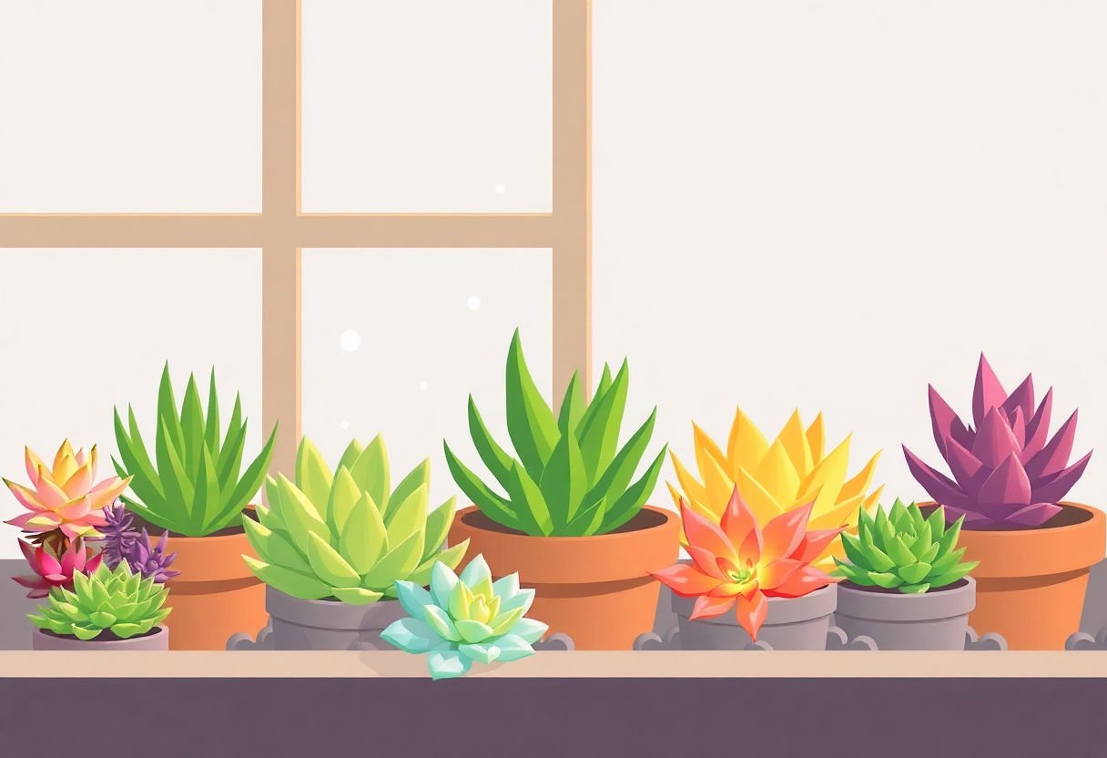 Succulents in varied light conditions with watering tips