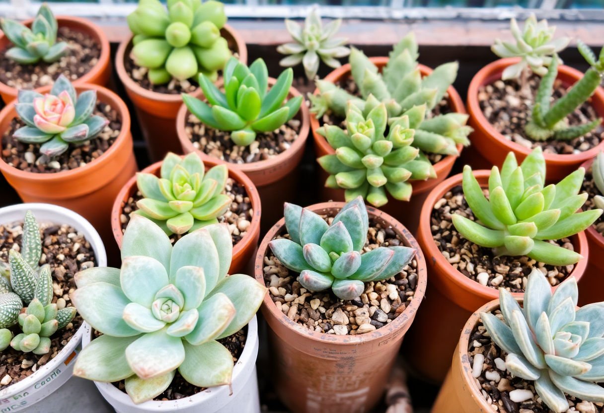 Assorted succulents in pots with varying environments