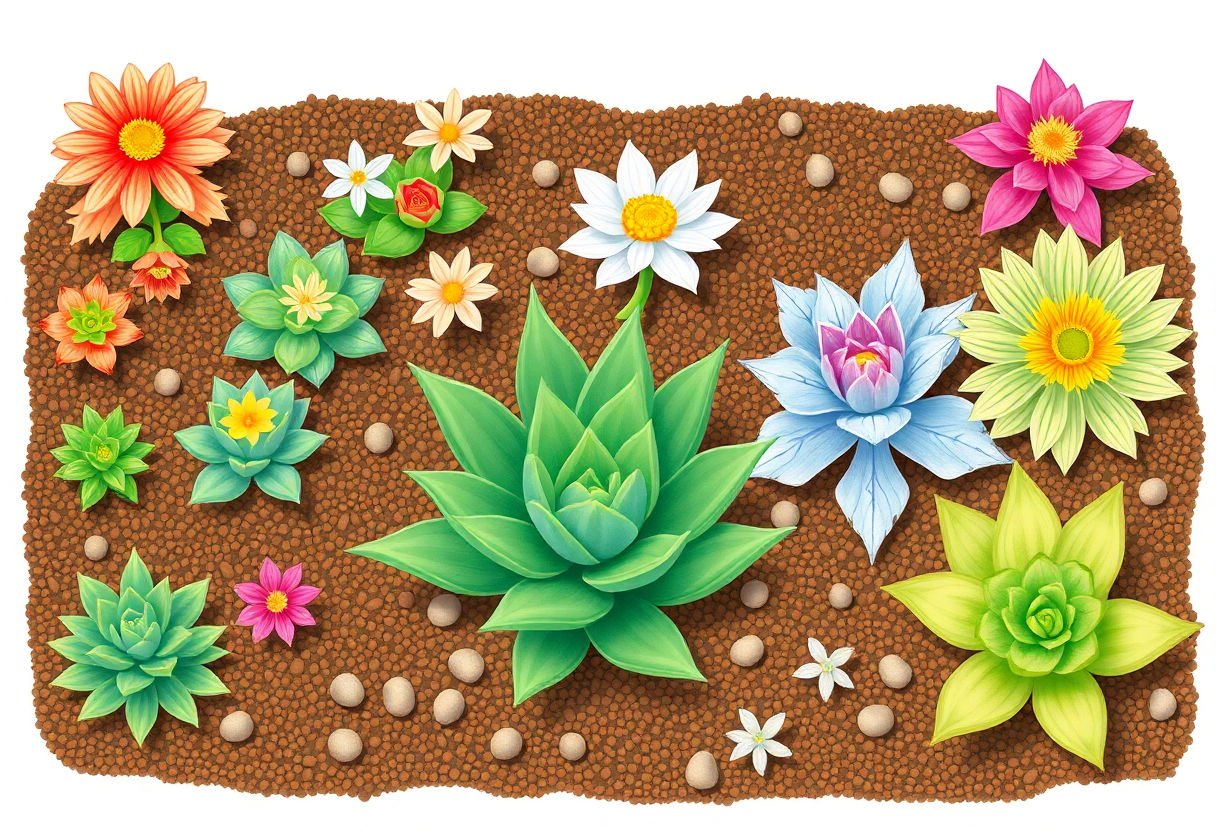 Various flowering succulents in different soil mixes