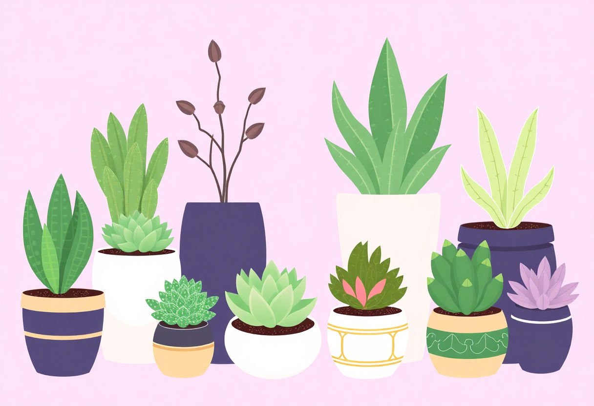 A variety of succulent plants in different stylish pots.