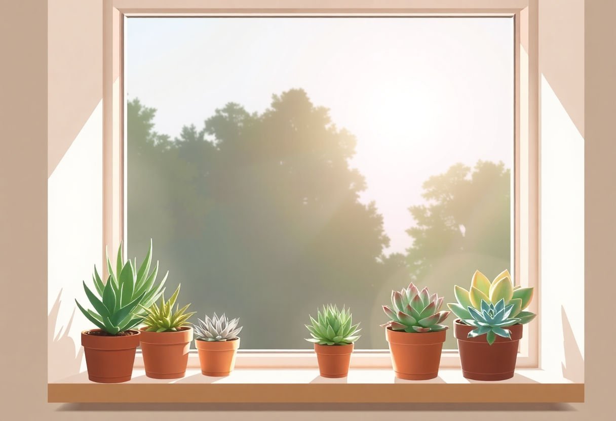 Sunlit windowsill with healthy succulents