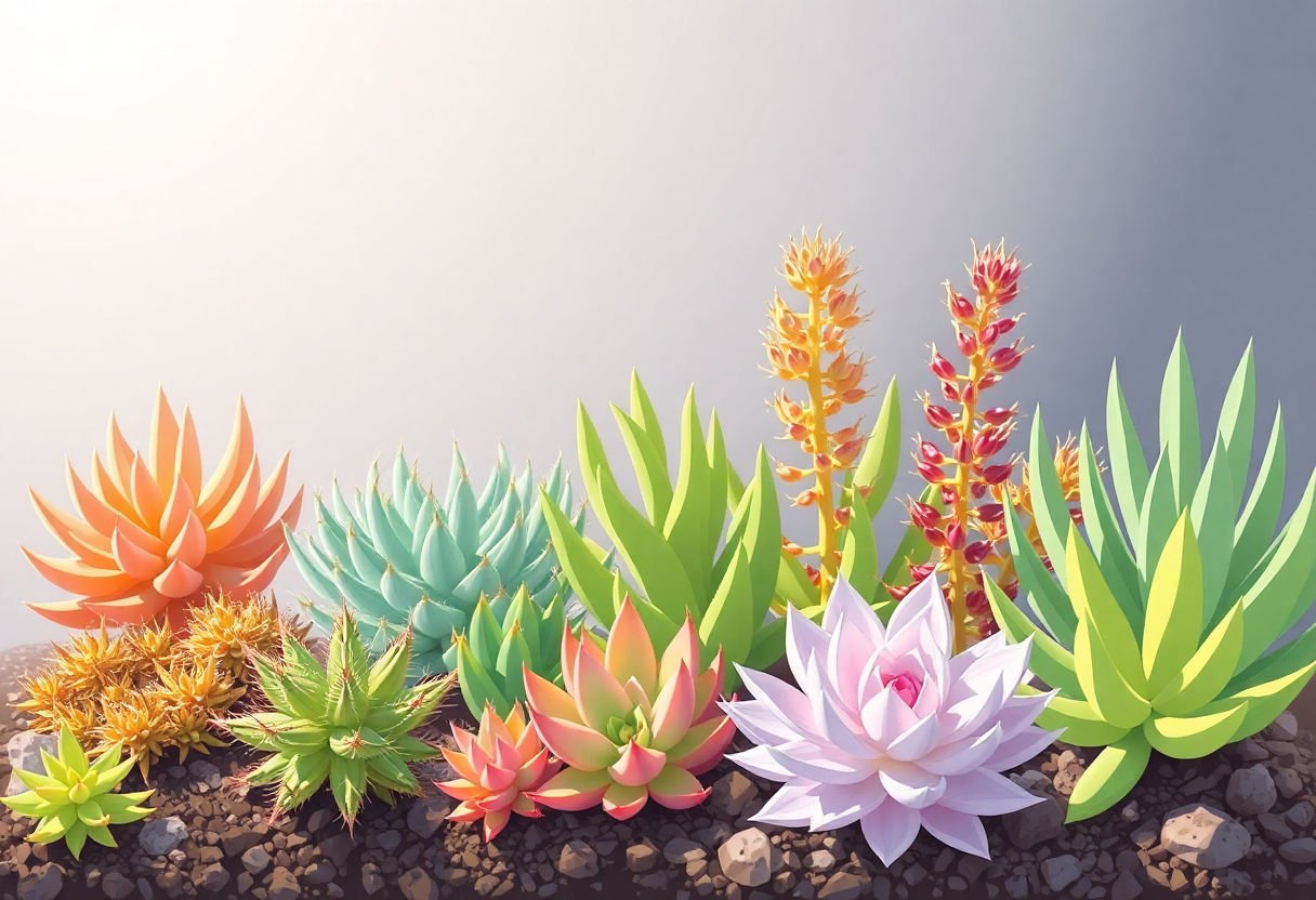 Different species of succulents under direct sunlight