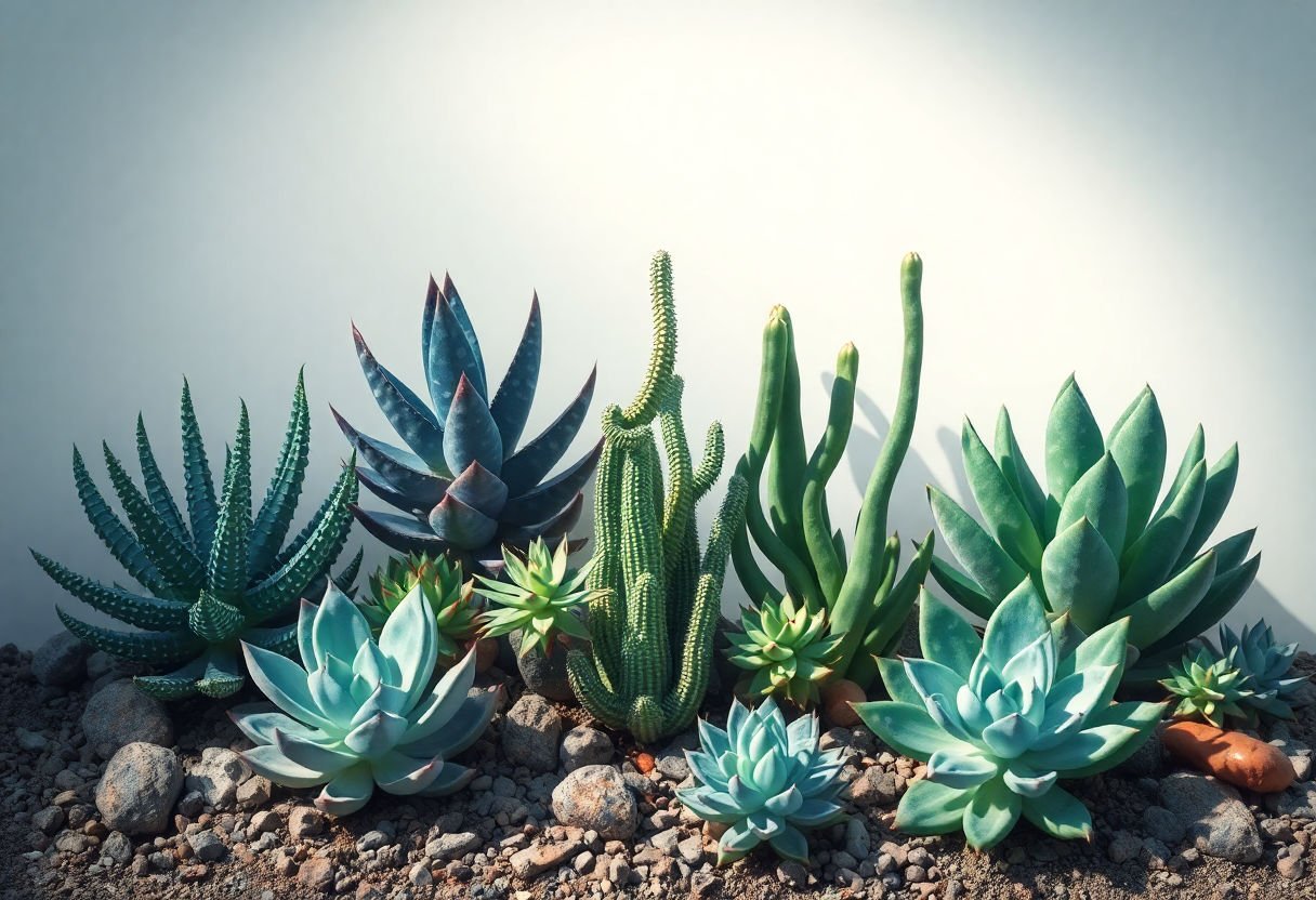 Different succulents in varying light conditions.