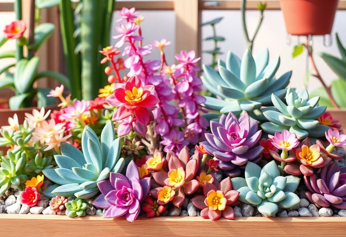 A vibrant indoor arrangement of flowering succulents.