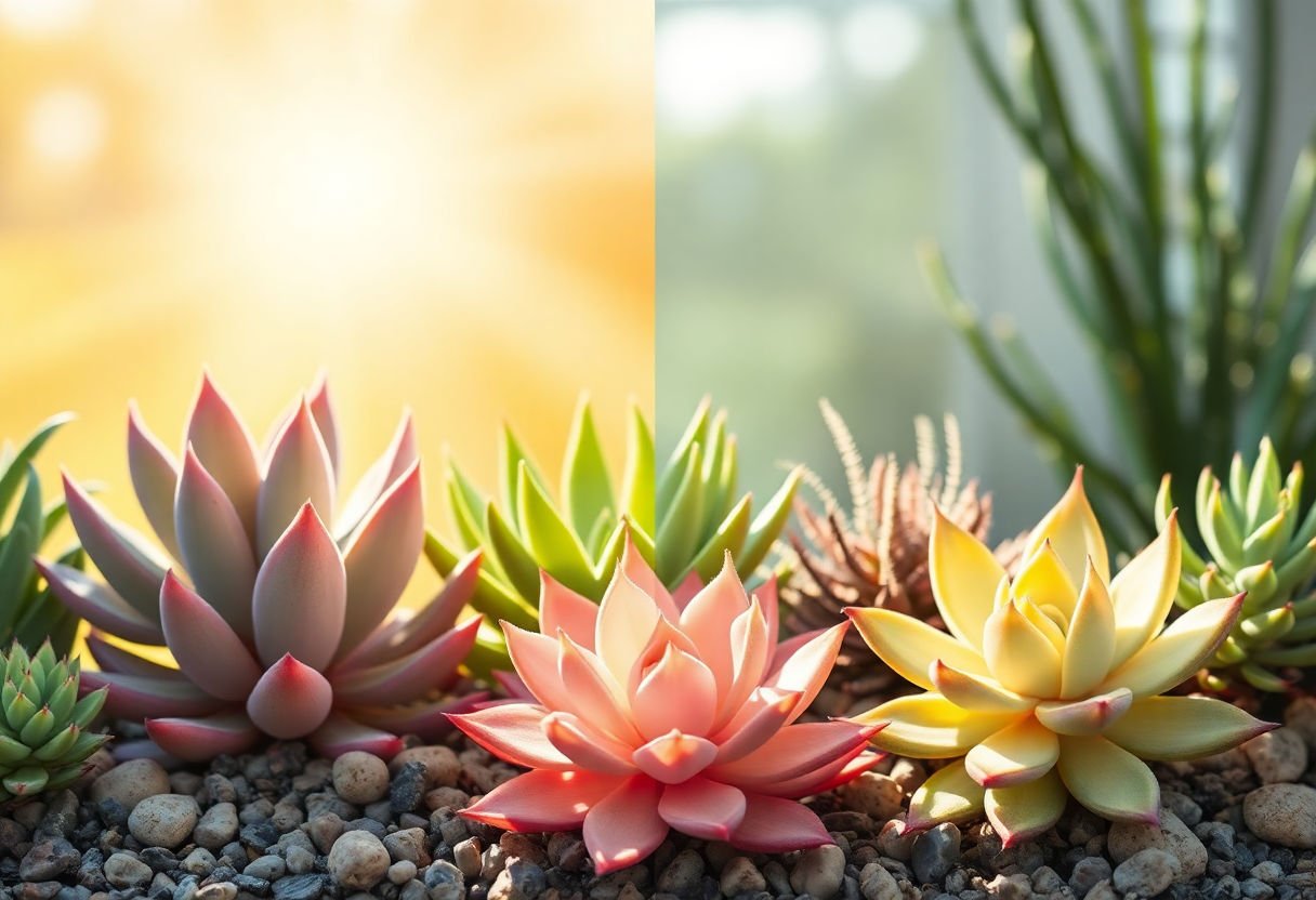 Succulents under different seasonal sunlight conditions.