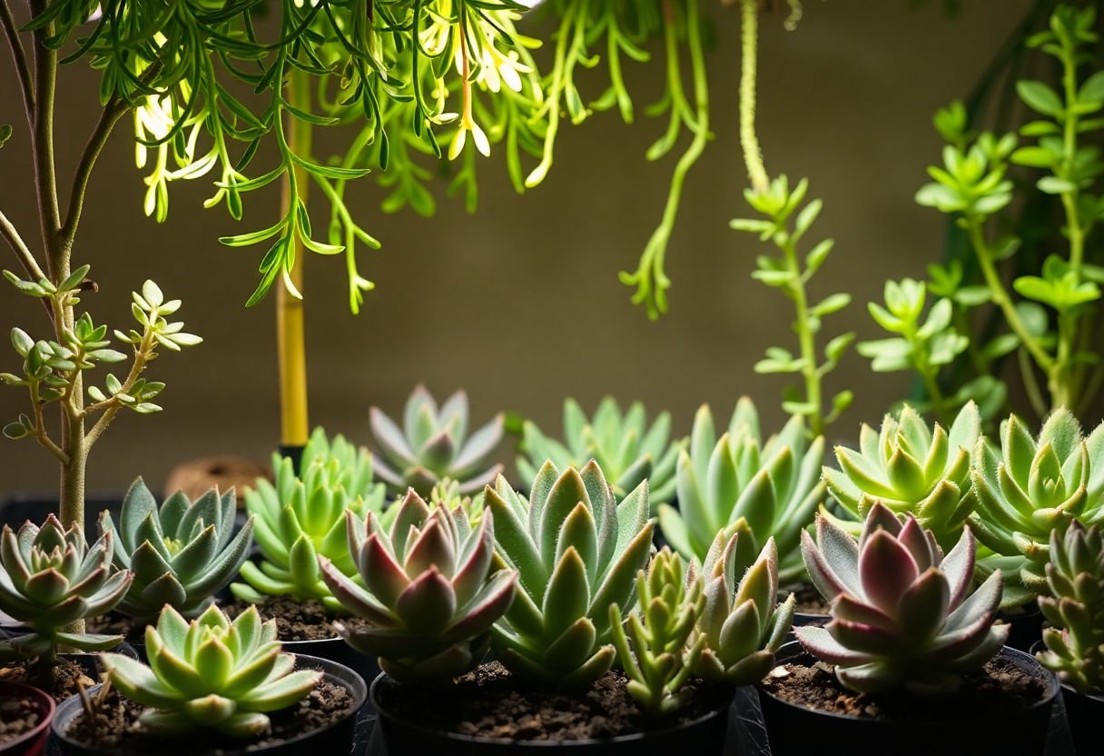 Artificial grow lights on indoor succulents.