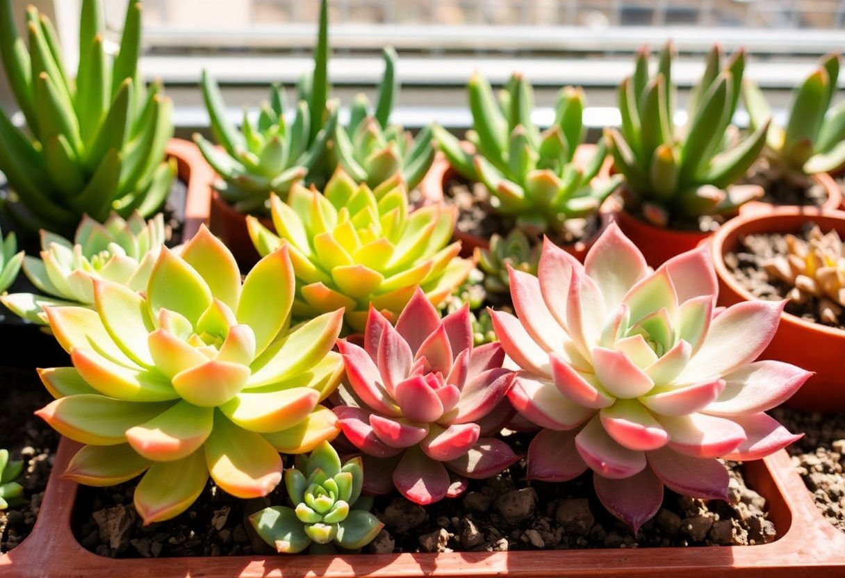 Various types of succulents with differing sunlight needs.