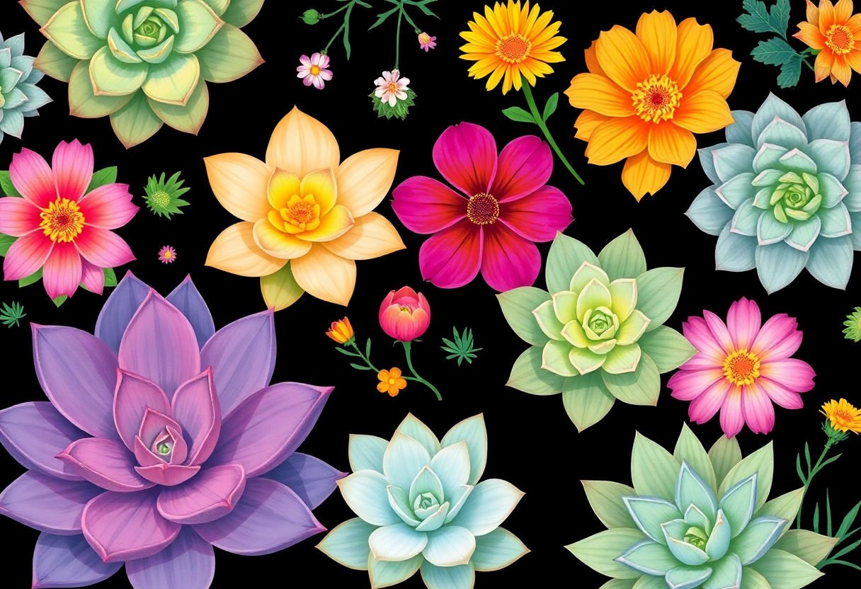 Varieties of succulents with vibrant flowers