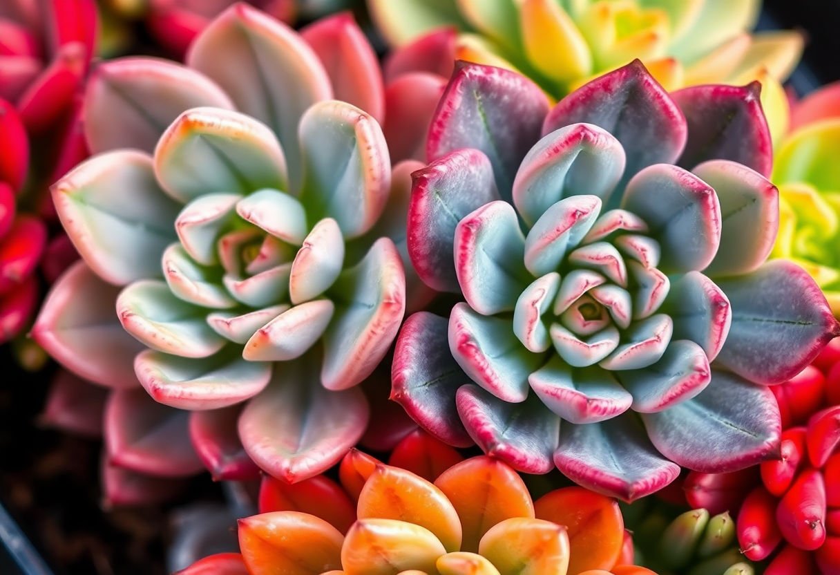 Close-up image of blooming succulents with vibrant colors