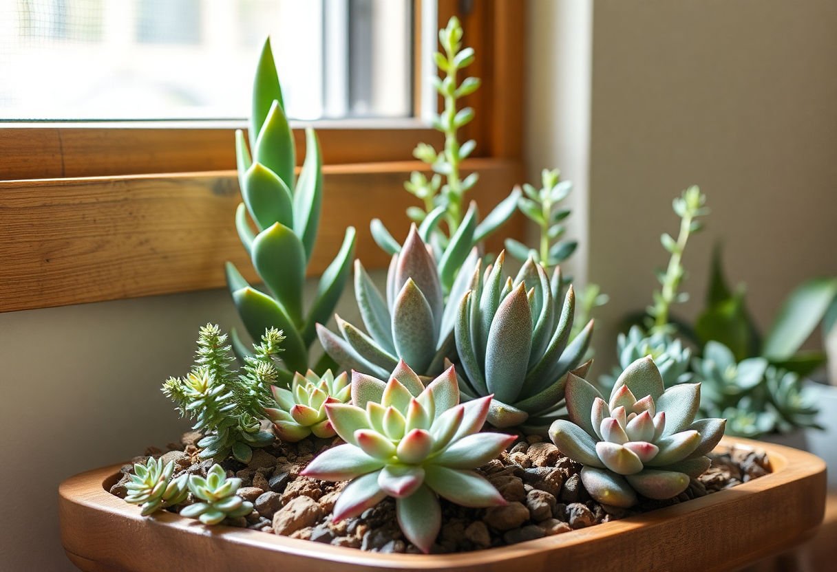 Indoor succulent arrangement with adequate light.