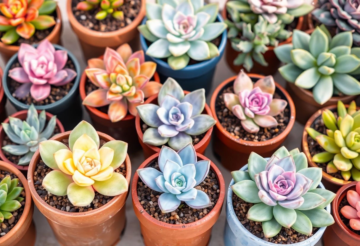 A variety of colorful succulents in different pots.