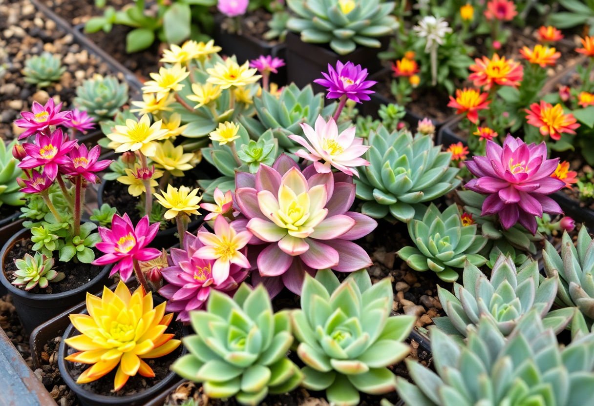 Propagating vibrant flowering succulents in a garden setting
