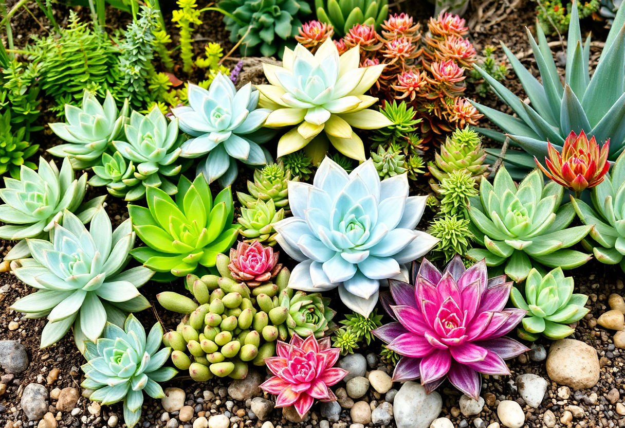 Array of different succulent varieties in a garden.