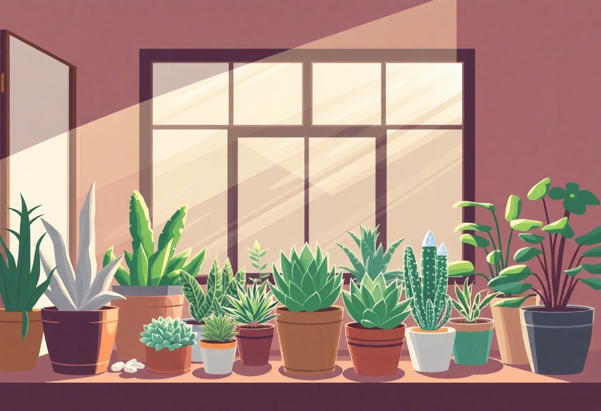 Indoor setup with various light levels for succulents